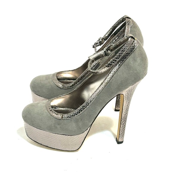 2B Bebe Gray Silver Stiletto Platform Heels Pumps Faux Suede Snake Women Size 8 - Picture 3 of 12